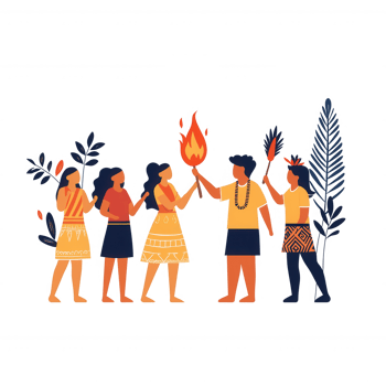 Diverse group celebrating tradition with fire and dance in vibrant attire. png