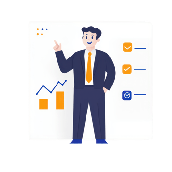 Professional man presenting graphs and charts, symbolizing growth and success. png