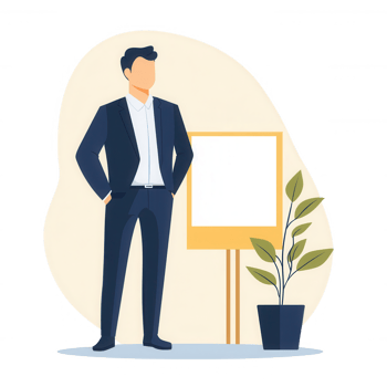 Professional man standing confidently beside an empty signboard with a plant. png