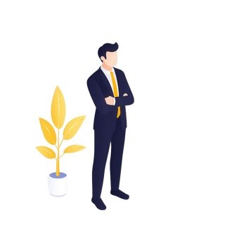 Professional man standing confidently next to a potted plant in a modern office space. png
