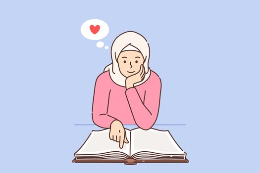 Muslim woman reads quran, leaning on table with holy islamic book, dressed in hijab vector