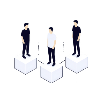 Three individuals standing on cubes, representing diversity and teamwork. png