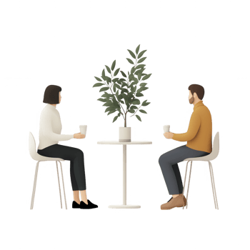 Two people enjoy drinks while sitting at a table with a potted plant between them. png