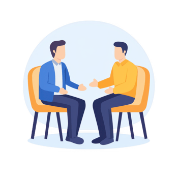 Two men engaging in a discussion while sitting in modern chairs. png