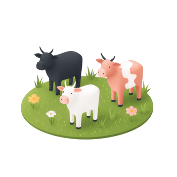 Three cartoon-style cows enjoying a sunny day in a grassy field with flowers. png