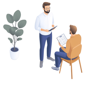 Two professionals discussing ideas in a modern office environment. png
