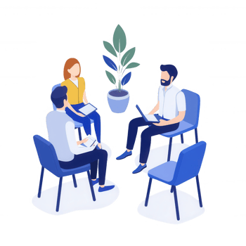 Three people in a meeting discussing ideas around a potted plant. png