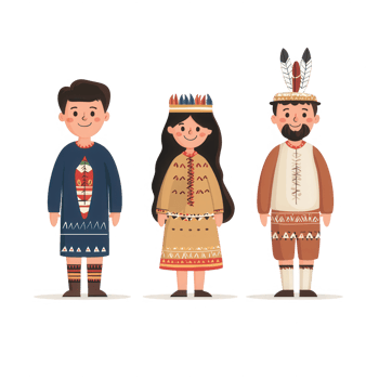 Three cheerful characters in traditional attire celebrating cultural heritage. png