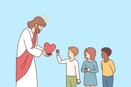 Jesus Christ gives love to children, wanting to save little innocent people of different races vector