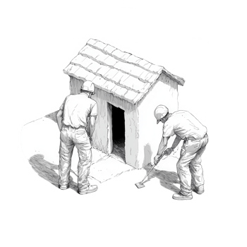 Workers constructing a small building with tools and teamwork for a sturdy structure. png