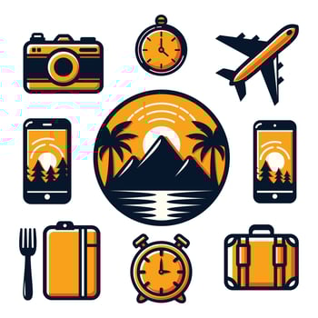 Explore the World. Travel Themed Icon Collection with sunset concept vector