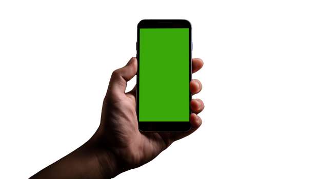 Hand Holding Smartphone with Green Screen on Transparent Background png