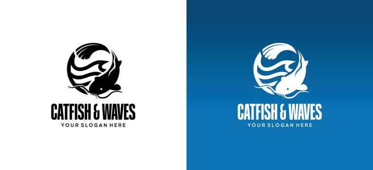Catfish logo design with illustration of waves in a circle vector