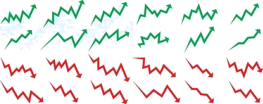 up and down market, bull and bear forex trend business chart lines with green and red arrows for business rise, fall, profit, budget template vector