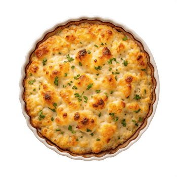 a cheesy dish in a white dish on a transparent background png