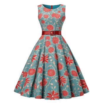 a dress with floral print on the front and red belt png