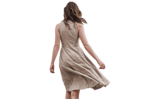 Woman in Beige Dress Walking Away, Back View on transparent background png