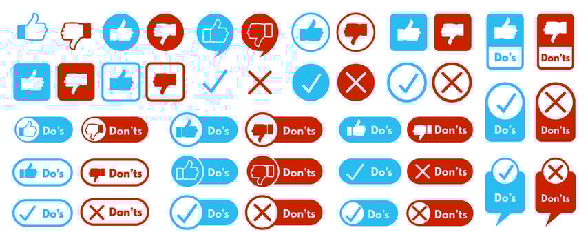 Do's and Don'ts symbols. Thumbs up and thumbs down icons, checkmarks and crosses for approval and disapproval with speech bubbles and label frames set vector