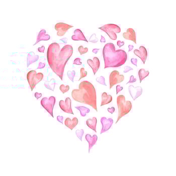 Big heart made up of small watercolor pink red hearts. Romantic delicate decorative illustration for package design, Valentine day greeting card, pattern, wedding invitation vector
