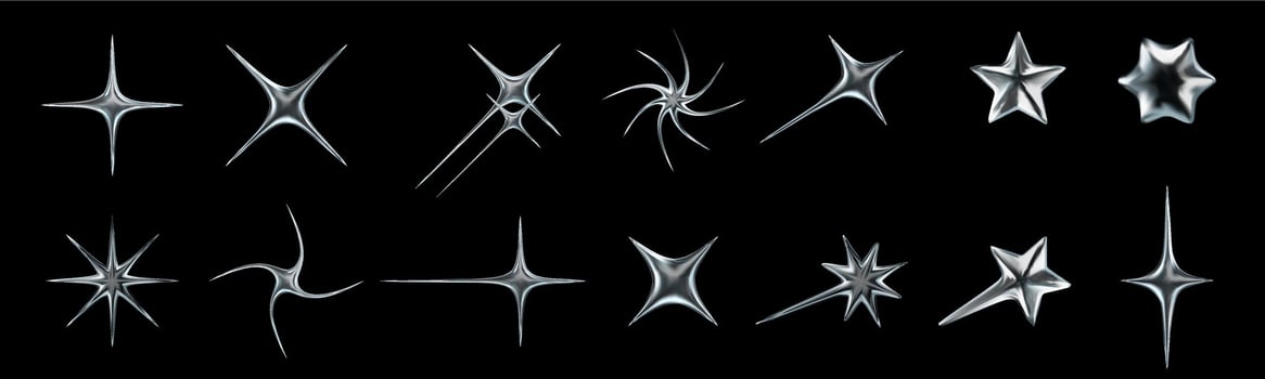 Liquid chrome star icons. Shiny starburst shapes, metallic Y2K spark, retro futuristic glossy 3D stars with liquid metal effect isolated elements set vector