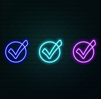 Check mark icon neon electrical line glowing red color sign 4k illustration. neon light animation glowing check mark icon and tick mark icon isolated.... vector