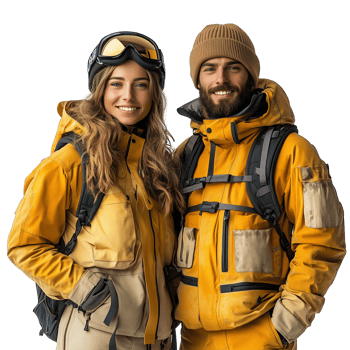 Couple dressed for winter sports posing together in ski resort attire png