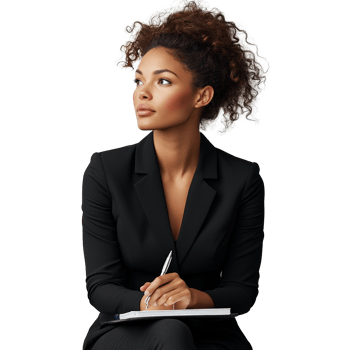Confident business professional reflecting on strategies during a meeting at an office png