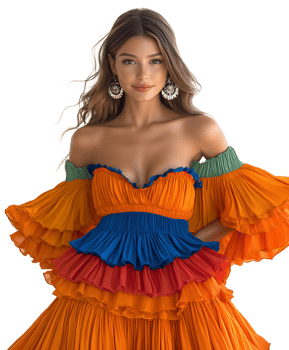 Colorful summer dress worn by a young woman posing confidently in a studio setting png
