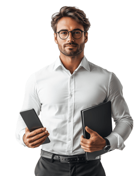 Stylish professional man holding notebook and folder in business attire ready for a meeting png