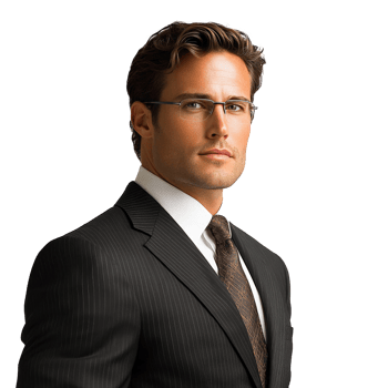 Professional man in a suit with glasses posing confidently in a studio setting png