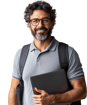 Man with laptop and backpack smiles confidently for professional setting in bright atmosphere png
