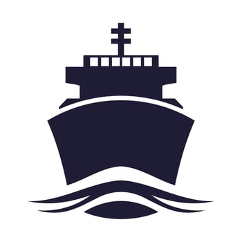 Large cargo ship silhouette navigating through ocean waves at sunset with minimalistic design vector
