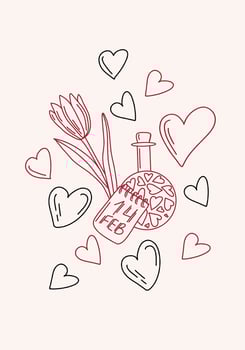 Hand drawn Valentines Day card illustration with tulips, hearts, champagne glasses, gift boxes, and romantic elements. Black and red. Sketch style for cards, prints, posters, decor, design vector