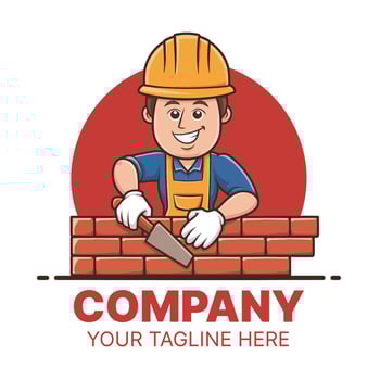 Smiling construction worker building a brick wall, perfect for company logos. vector