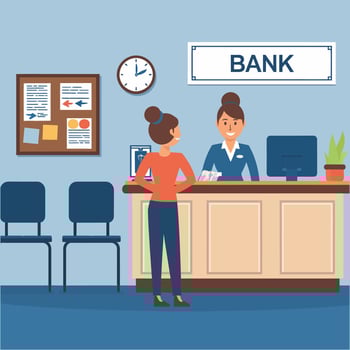 Customer interacting with bank teller at a service counter vector