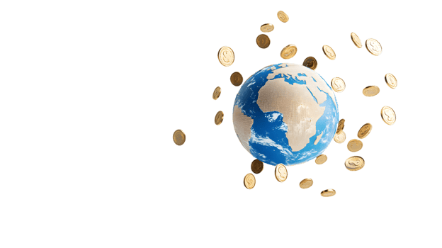 3D illustration of a globe surrounded by swirling golden coins representing wealth and prosperity in a dynamic visual of global finance and economic growth png