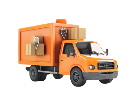 Bright orange delivery truck loaded with cardboard boxes and location markers representing efficient logistics and transportation services png