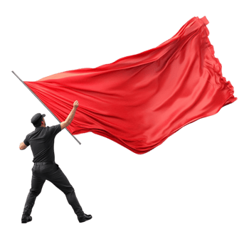 Triumphant Man with Red Flag on Mountain png