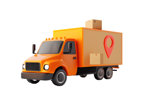 Delivery truck in vibrant orange color with packages and location pin symbol ready for logistics and transportation in urban environments png