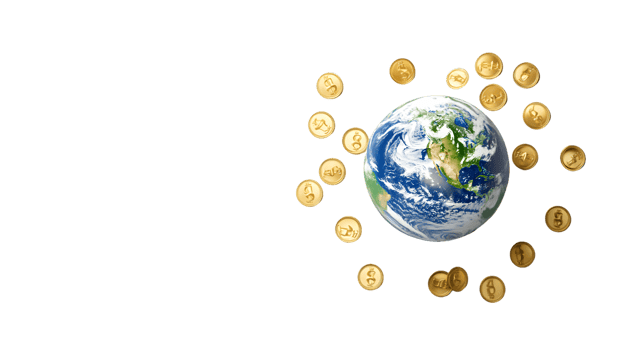 Digital illustration of the Earth surrounded by golden coins representing the intersection of global finance and cryptocurrency in a vibrant financial environment. png