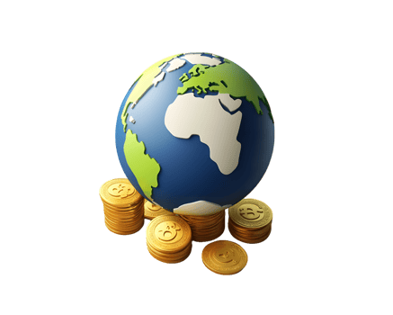 Three-dimensional globe showcasing vibrant continents balanced on a stack of shiny gold coins symbolizing global finance and economic prosperity. png