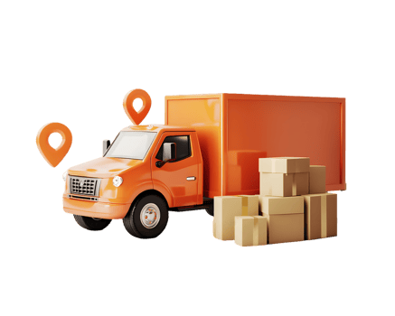 Orange delivery truck with cardboard boxes and location markers representing efficient logistics and transportation in a vibrant setting png