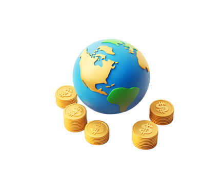 Stylized globe of Earth surrounded by gold coins illustrating themes of finance, global economics and wealth prosperity in a vibrant and colorful design. png