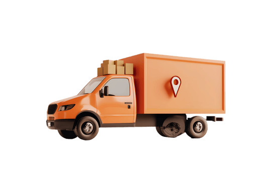 Stylized orange delivery truck designed for efficient logistics and transportation with a cargo box and location pin highlighting online shopping services png