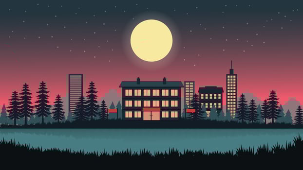 Beautiful Hotel Apartment Building Landscape with Cityscape and Full Moon in the Evening vector