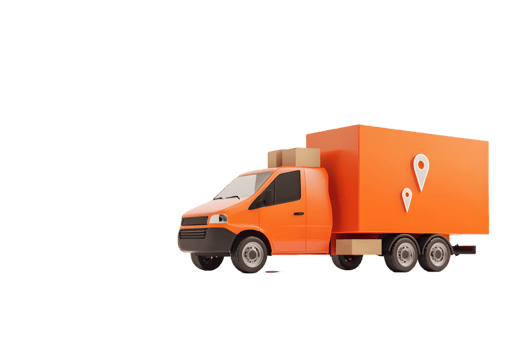 Vibrant orange delivery truck with efficient cargo box and location markers designed for modern logistics and urban transportation of goods png