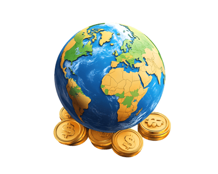 Vibrant globe showcasing continents resting on golden coins symbolizing global wealth and financial growth png