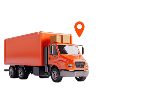 Vibrant orange delivery truck with location pin symbol representing logistics and transport services in modern industry png