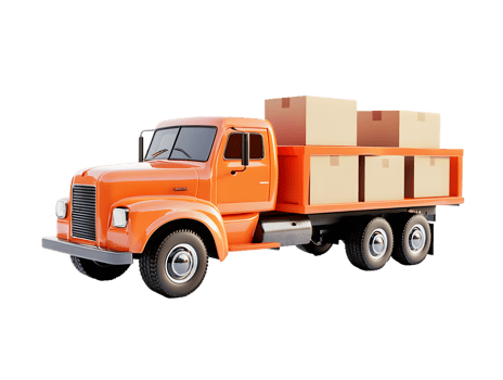 Vintage orange delivery truck with cardboard boxes on flatbed against plain background showcasing industrial design png