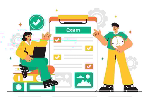 Illustration of an Online Test with Answer Forms and Examination Papers in Flat Style vector